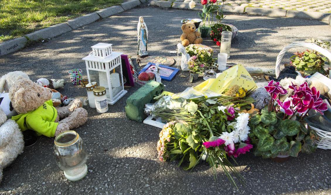 Blommor och nallar vid platsen där en tolvårig flicka sköts till döds i Botkyrka. Arkivbild. Foto: Claudio Bresciani/TT