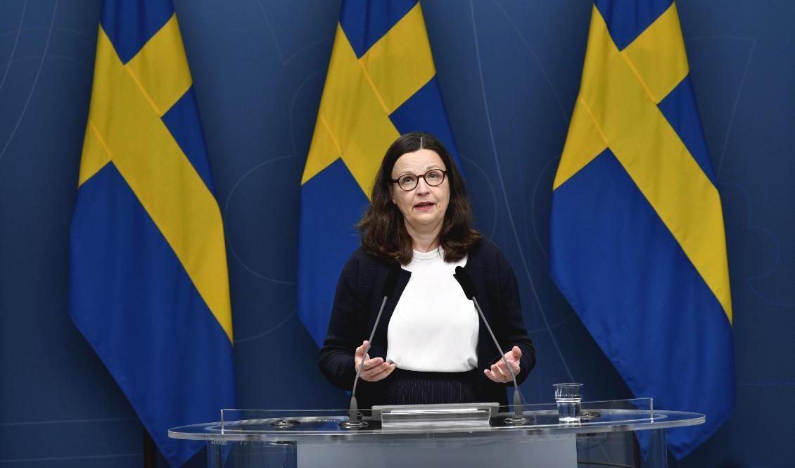 Utbildningsminister Anna Ekström (S) kommenterar de svenska resultaten i Timss 2019 vid en digtal pressträff i Rosenbad. Foto: Henrik Montgomery/TT