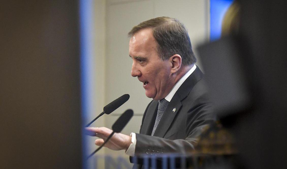 Statsminister Stefan Löfven (S) håller presskonferens i anslutning till partiledardebatten i riksdagen. Foto: Janerik Henriksson/TT