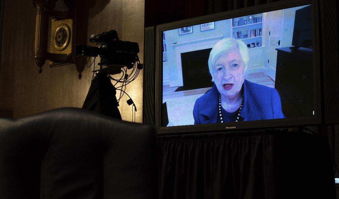 
Nominerade finansministern Janet Yellen utfrågas via länk av USA:s senat. Foto: Anna Moneymaker/AP/TT                                            