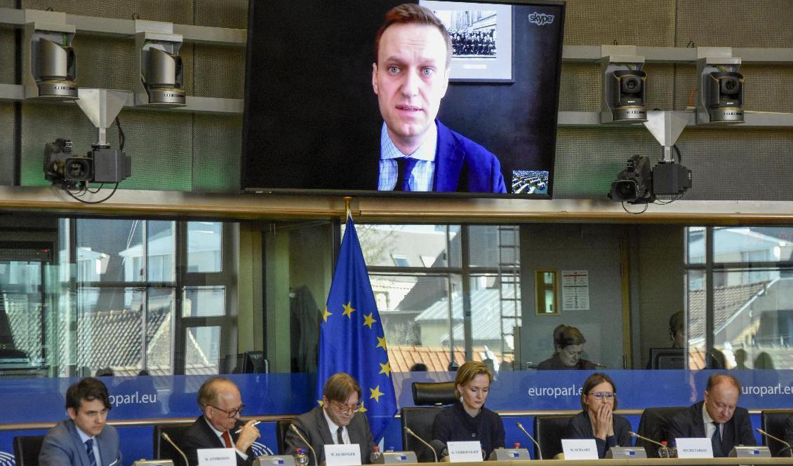 Ryske oppositionspolitikern Aleksej Navalnyj i ett framträdande via videolänk i EU-parlamentet 2018. Arkivbild. Foto: Wiktor Nummelin/TT