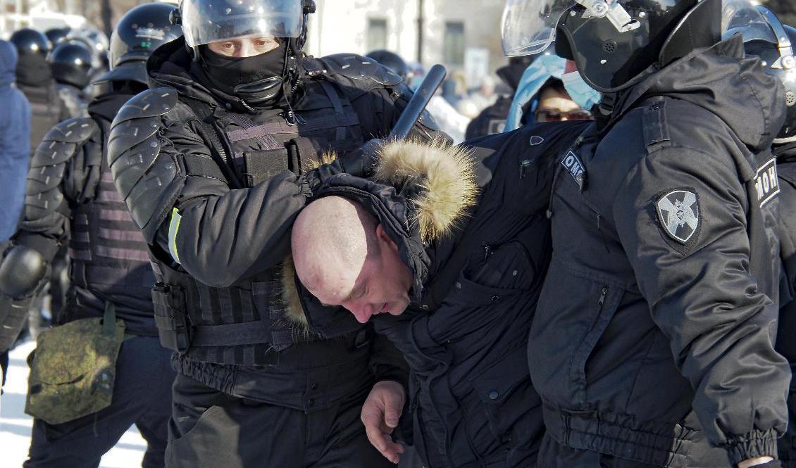 Polisen griper en man under en stöddemonstration i sibiriska Chabarovsk. Foto: Igor Volkov/AP/TT