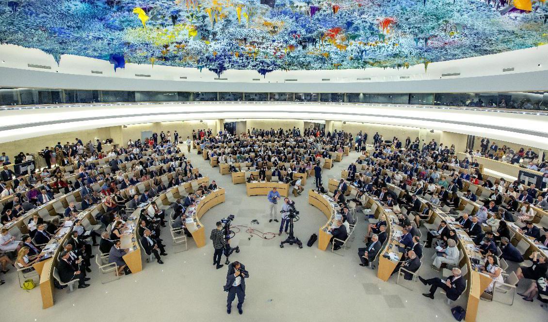 FN:s råd för mänskliga rättigheter sammanträder i FN:s europeiska högkvarter i i Genève. Bilden togs den 24 juni 2019. Foto: Magali Girardin/AP/TT