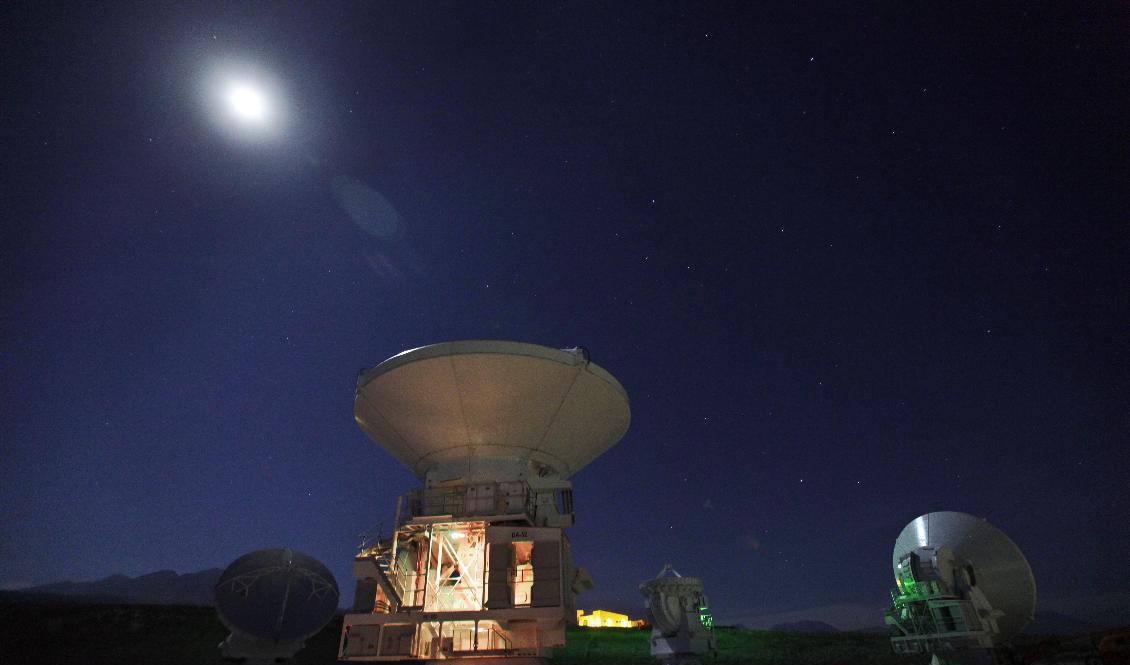 Månen lyser över Atacamaöknen i Chile, där enorma radioantenner bilder ett jätteteleskop. Arkivbild. Foto: Jorge Saenz/AP/TT