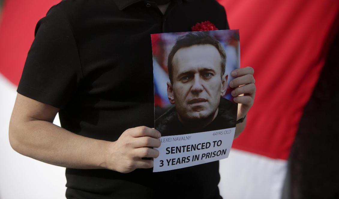 En demonstrant håller upp en bild av den fängslade ryske regimkritikern Alexej Navalnyj. Foto: Armando Franca/AP/TT