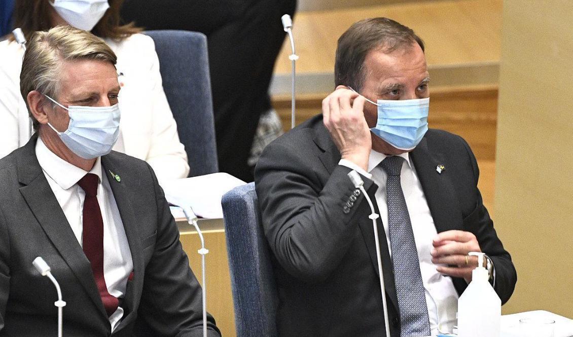Miljö- och klimatminister Per Bolund (MP) och statsminister Stefan Löfven (S) i riksdagen vid misstroendeomröstningen. Foto: Claudio Bresciani/TT
