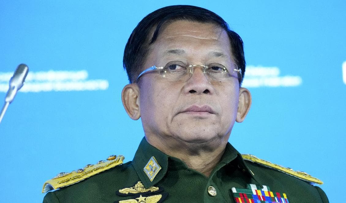 Ledaren för militärjuntan i Myanmar, general Min Aung Hlaing. Arkivbild. Foto: Alexander Zemlianichenko/AP/TT