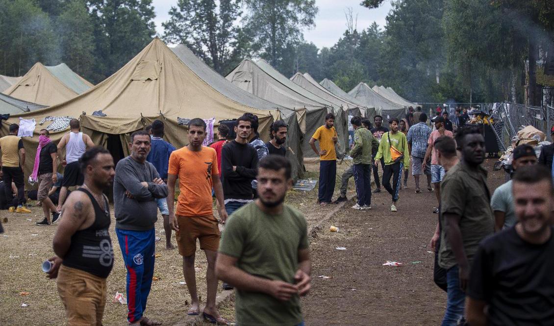 Migranter vid ett nybyggt flyktingläger i Litauen, nära gränsen till Belarus. Foto: Mindaugas Kulbis//TT