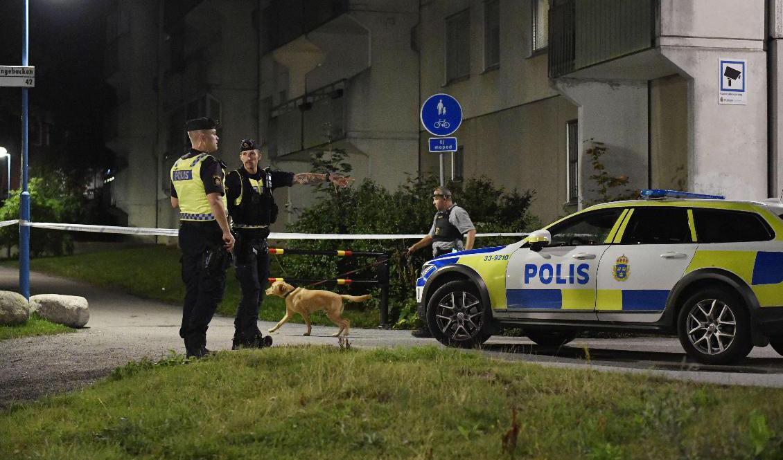 Polisen har stora styrkor på plats i Tensta efter skottlossning och misstänkt mordförsök. Foto: Stina Stjernkvist/TT