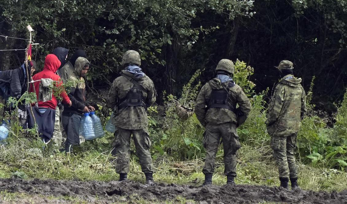 Migranter och gränsvakter vid polsk-belarusiska gränsen. Bild från tidigare i september. Foto: Czarek Sokolowski/AP/TT
