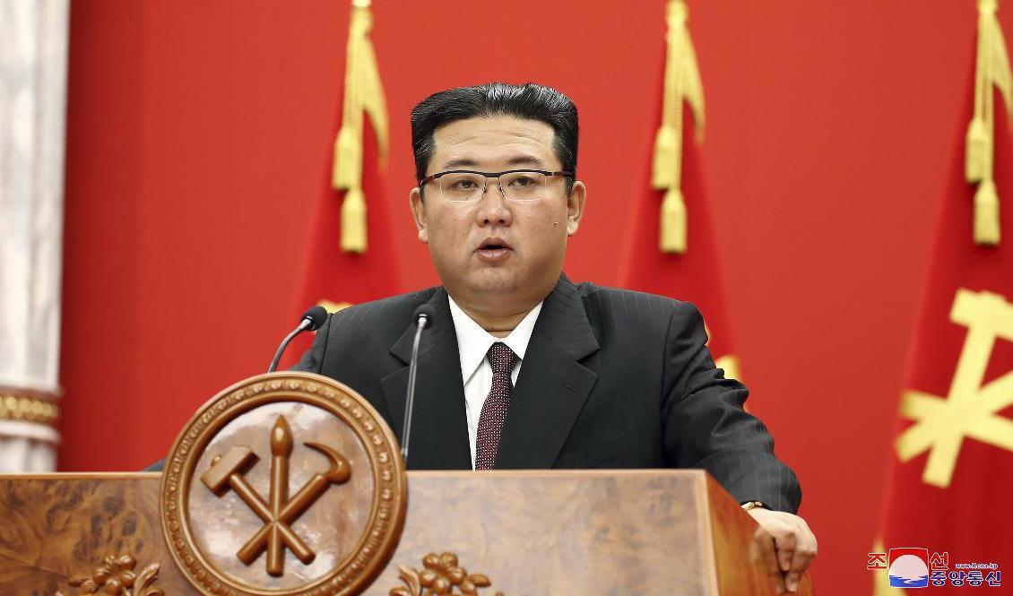 Nordkoreas ledare Kim Jong-Un under ett tal tidigare i veckan. Foto: KCNA/AP/TT