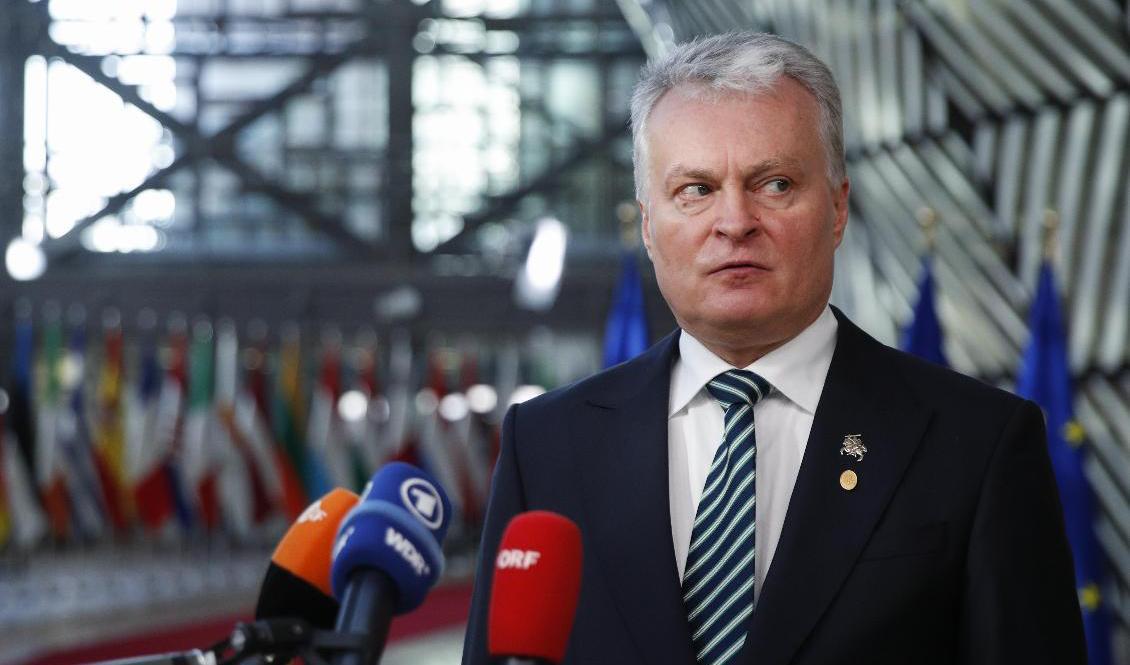 Litauens president Gitanas Nauseda välkomnar EU-stöd för gränsproblemen mot Belarus. Foto: Geron/AP/TT
