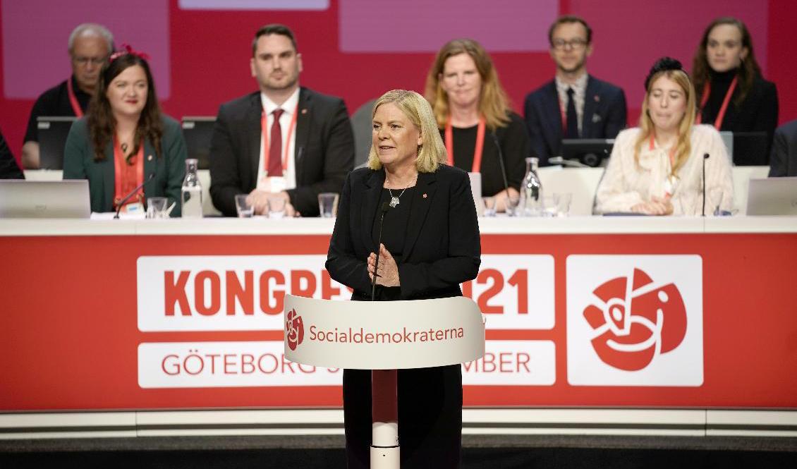Magdalena Andersson i samband med utnämningen av henne till ny partiordförande för Socialdemokraterna vid Socialdemokraternas kongress i Göteborg på torsdagen. Foto: Björn Larsson Rosvall/TT