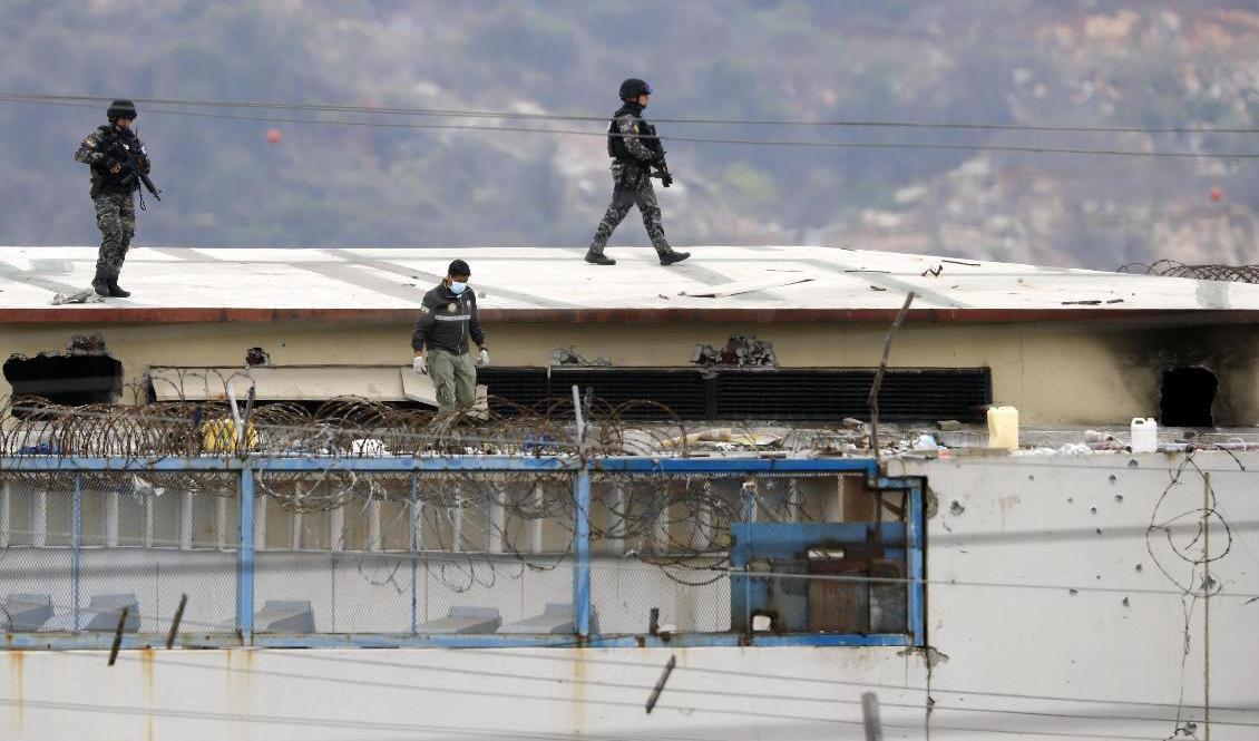 
Poliser på taket till fängelset i Guayaquil. Foto: Jose Sanchez/AP/TT                                            