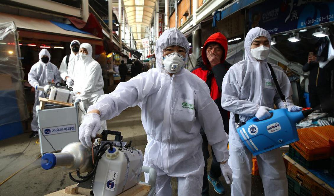 
Desinfektionspersonal på väg mot en marknad i Seoul i Sydkorea den 26 februari 2020. Antalet smittade i Sydkorea har ökat kraftigt i november. Foto: Chung Sung-Jun/Getty Images                                            