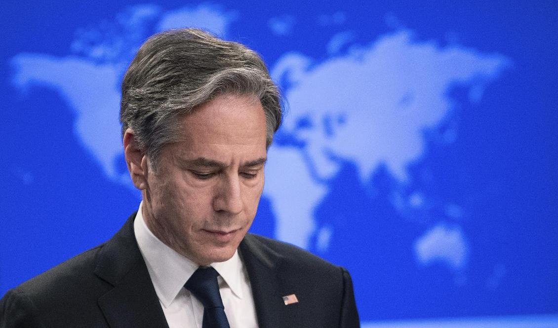 USA:s utrikesminister Antony Blinken på pressmöte i utrikesdepartementet i Washington. Foto: Brendan Smialowski/Pool via AP/TT