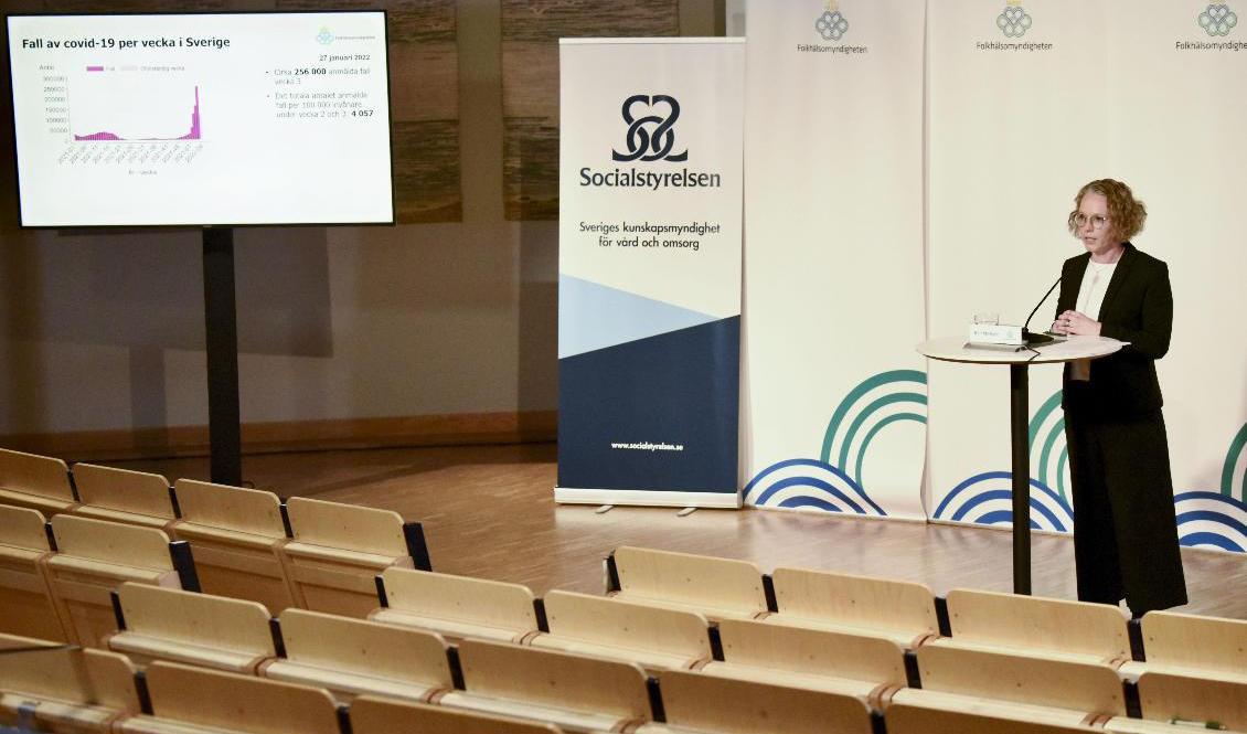 Britta Björkholm, avdelningschef på Folkhälsomyndigheten vid torsdagens presskonferens. Foto: Marko Säävälä/TT
