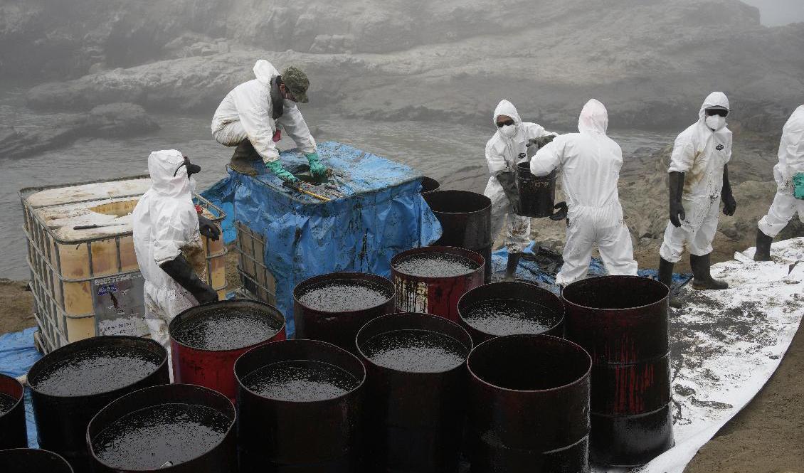 Saneringsarbetare avlägsnar olja från stranden i distriktet Ventanilla i provinsen Callao i Peru. Arkivbild Foto: Martin Mejia/AP/TT
