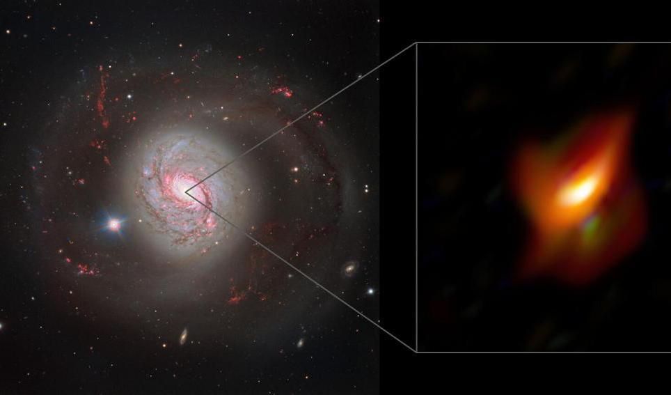 Till vänster syns galaxen Messier 77 och till höger visas galaxens innersta del, dess aktiva galaxkärna. Foto: ESO/Jaffe, Gámez-Rosas et al