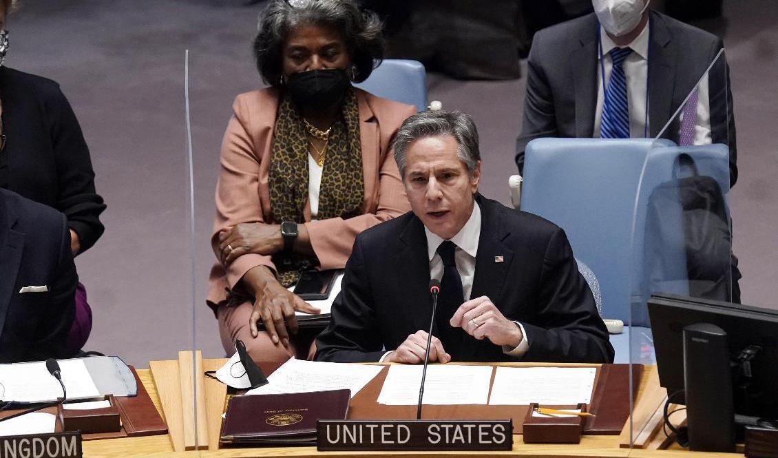 USA:s utrikesminister Antony Blinken i FN:s säkerhetsråd. Foto: Richard Drew/AP/TT