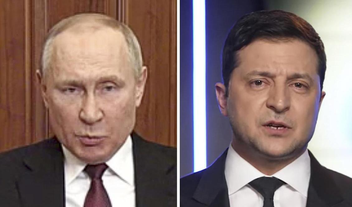 Rysslands president Vladimir Putin och Ukrainas president Volodymyr Zelenskyj. Foto: AP/TT