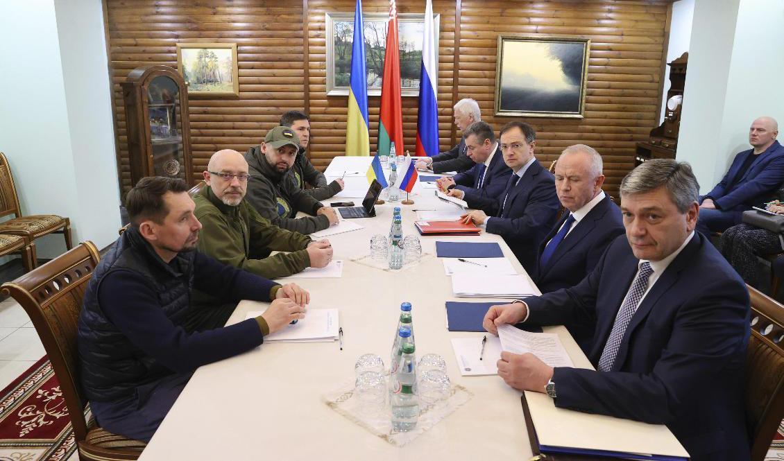 Ukrainas och Rysslands delegationer när samtal inleddes. Arkivbild. Foto: Maxim Guchek/BelTA Pool Photo via AP/TT