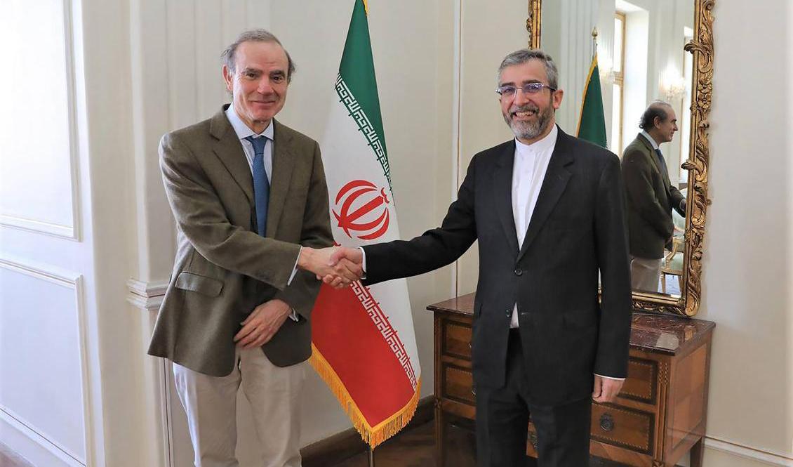 EU:s sändebud Enrique Mora, vänster, skakar hand med Irans chefsförhandlare Ali Bagheri Kani, höger, i samband med förhandlingarna i Teheran på söndagen. Foto: Irans försvarsdepartement/AP/TT