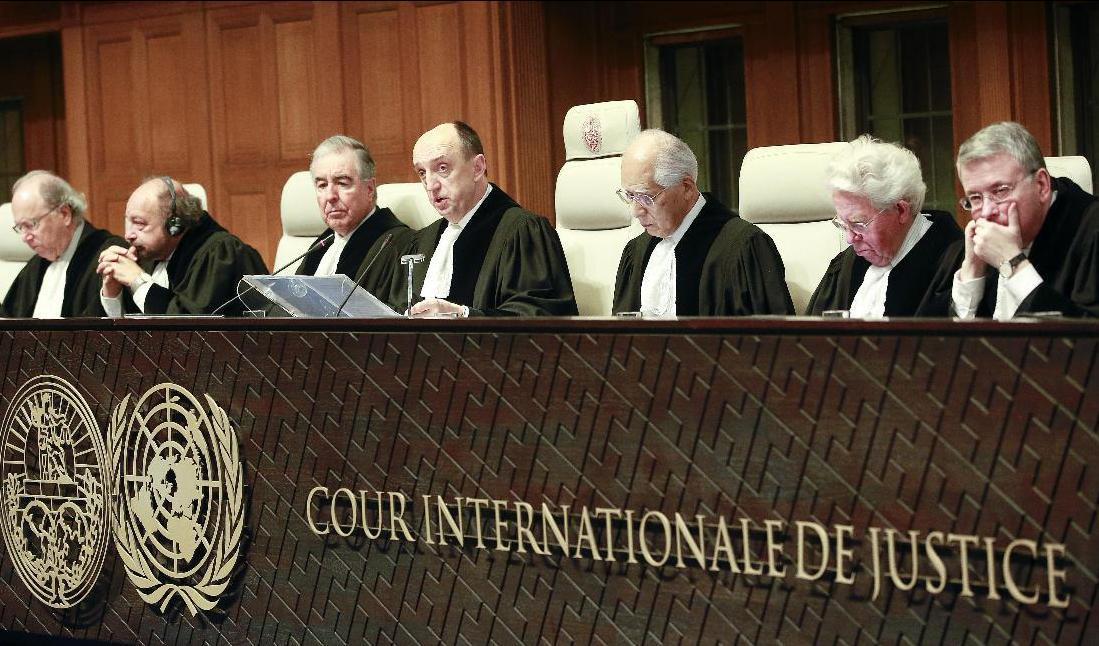 Foto från en förhandling i ett ärende i Internationella domstolen (ICJ) i Haag. Arkivbild. Foto: Jiri Buller/AP/TT