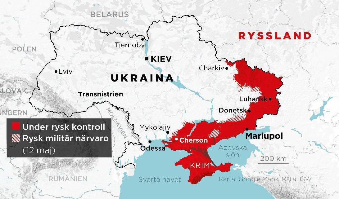 Områden under rysk kontroll samt områden med rysk militär närvaro 12 maj. Foto: Johan Hallnäs