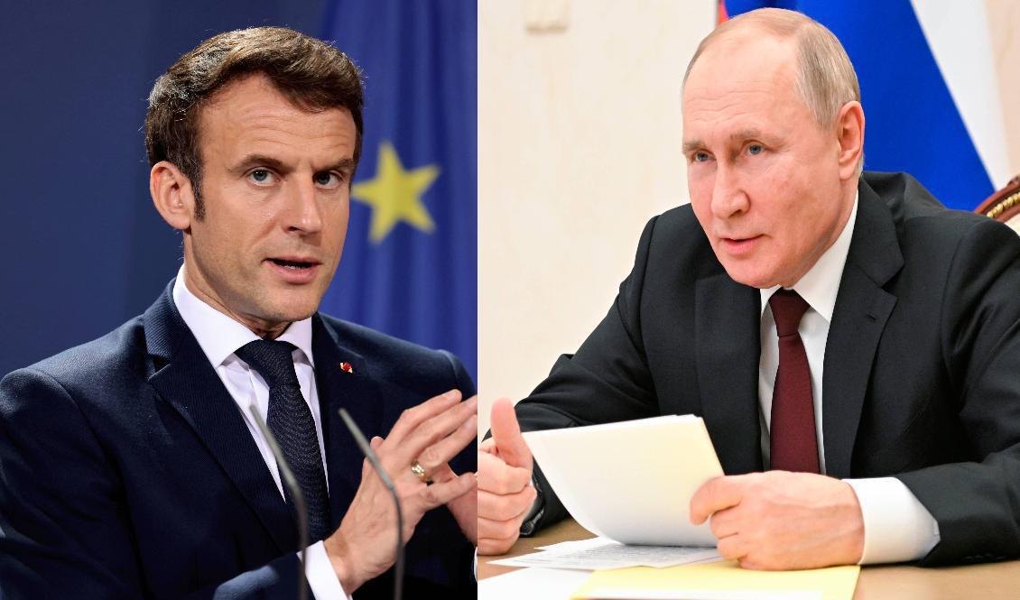 Frankrikes president Emmanuel Macron talade med ryske presidenten Vladimir Putin i telefon om krigsfångar. Bilden är ett collage. Foto: AP/TT