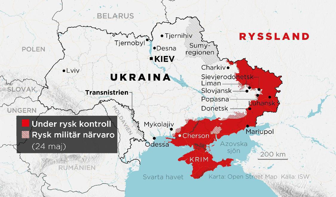 Områden under rysk kontroll samt områden med rysk militär närvaro 24 maj. Foto: Johan Hallnäs/TT