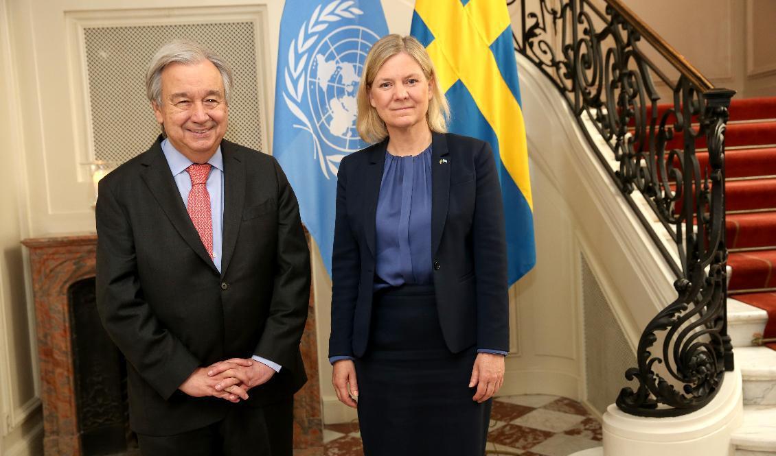 Statsminister Magdalena Andersson (S) tar emot FN:s generalsekreterare António Guterres i Stockholm på onsdagen. Foto: Sören Andersson/TT