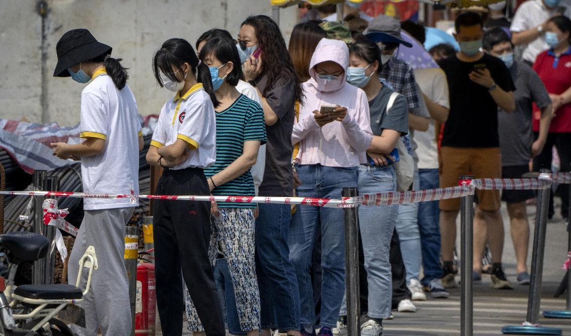 Människor i Peking köade i fredags för att testa sig för covid-19 sedan staden infört omfattande masstestningar efter ett klusterutbrott. Foto: Mark Schiefelbein/AP/TT