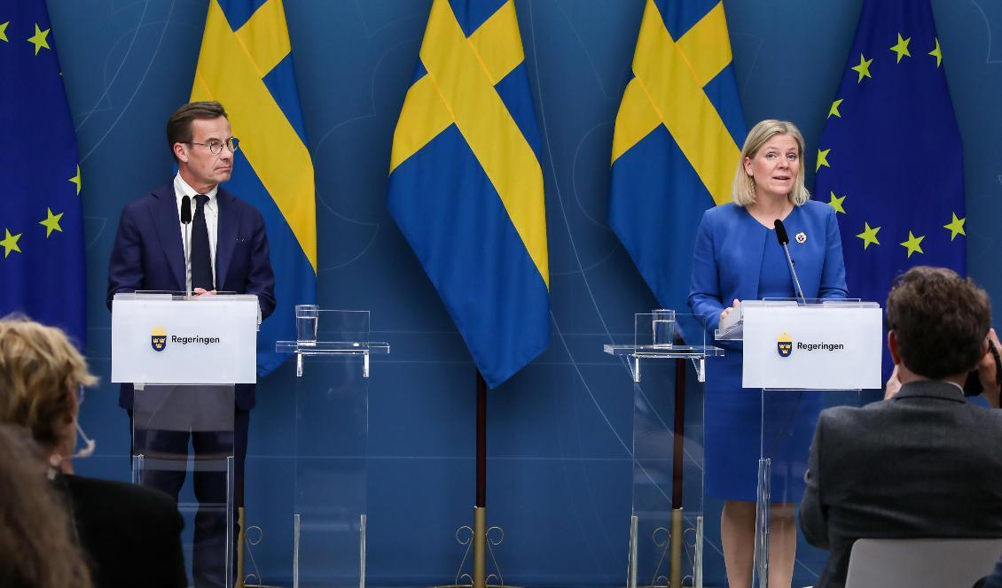 


Ulf Kristersson, Moderaternas partiledare, och statsminister Magdalena Andersson (S) meddelade den 16 maj 2022 att Sverige ska ansöka om Natomedlemskap. Foto: Ninni Andersson/Regeringskansliet                                                                                                                                    