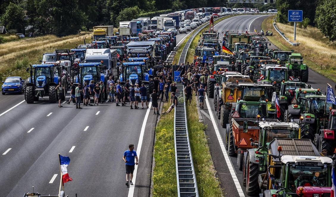 
Bönder har samlats med sina traktorer vid gränsen mellan Nederländerna och Tyskland den 29 juni 2022 i en protest mot den nederländska regeringens klimatpolitik. Foto: Vincent Jannink/ANP via Getty Images                                            