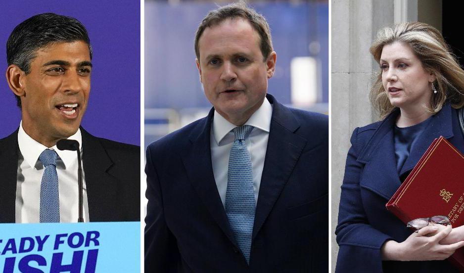 Montage av torypolitikerna Rishi Sunak, Tom Tugendhat och Penny Mordaunt, tre av toppnamnen när Torypartiet i Storbritannien väljer ny partiledare. Foto: AP/TT