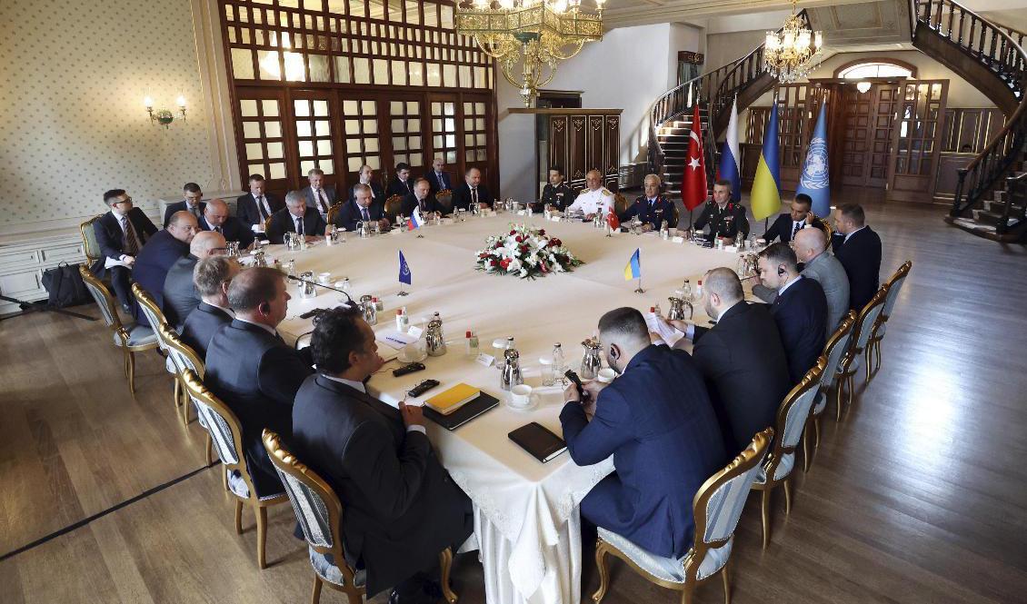 Foto Ukrainska och ryska delegationer träffades i Turkiet för att lösa frågan om spannmålsblockaden. Turkiska försvarsdepartementet/AP/TT