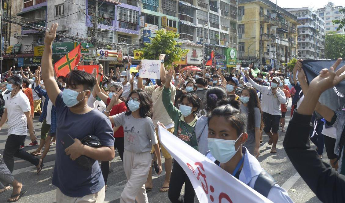 Demonstranter som protesterar mot militärkuppen. Arkivbild. Foto: AP/TT