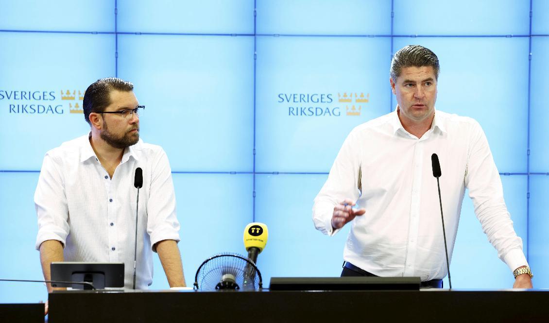 Sverigedemokraternas partiledare Jimmie Åkesson och ekonomisk-politisk talesperson Oscar Sjöstedt presenterar en rapport kring kostnader för den asylrelaterade invandringen vid en pressträff i riksdagens presscenter. Foto: Fredrik Persson/TT