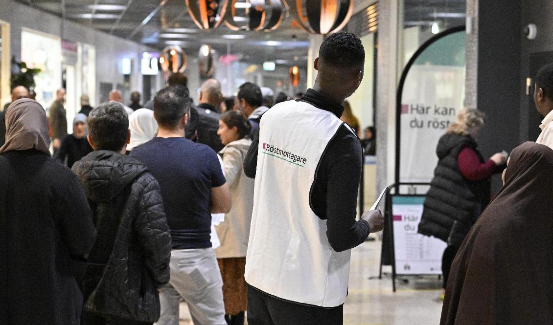 Köerna har ringlat långa vid förtidsröstningslokaler under lördagen. Här i stadsdelen Rosengård i Malmö. Foto: Johan Nilsson/TT