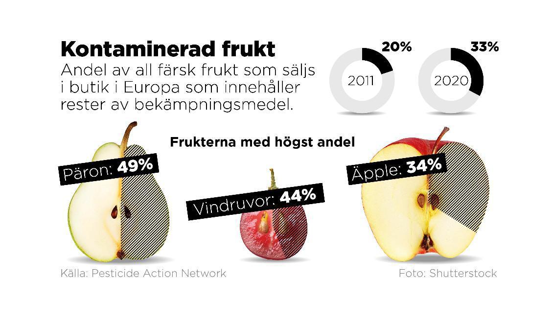 Trots att EU stiftade lagar för att fasa ut användningen av bekämpningsmedel 2009 så har andelen frukter som innehåller rester från kemikalier ökat. Foto: Johan Hallnäs/TT
