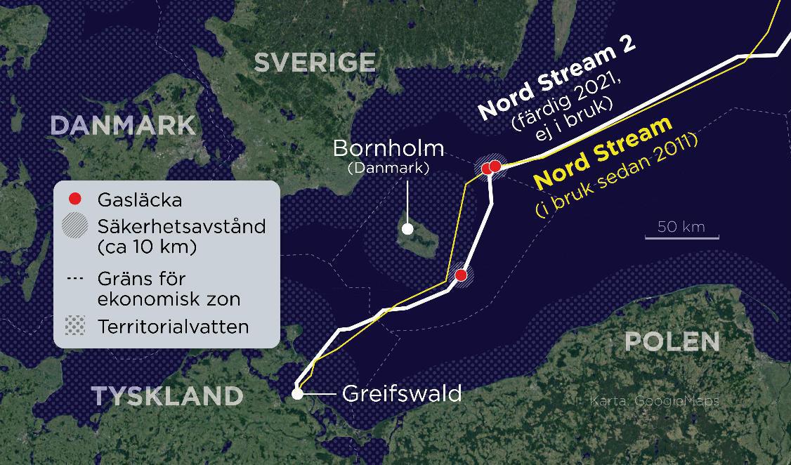 
Kartan visar de tre läckorna på gasledningen Nord Stream och Nord Stream 2. Foto: Anders Humlebo/TT                                            