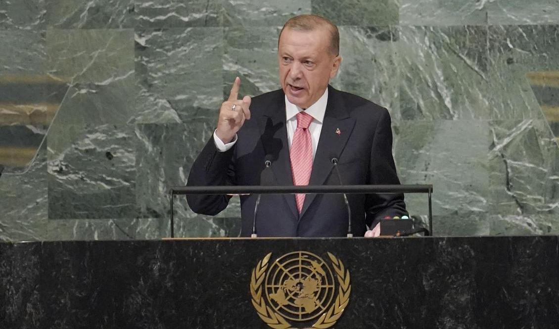 Turkiet och dess president Erdogan kan åter räkna med export av krigsmateriel från Sverige, ett av de krav som landet ställt för att säga ja till svensk Natoanslutning. Arkivbild. Foto: Mary Altaffer/AP/TT