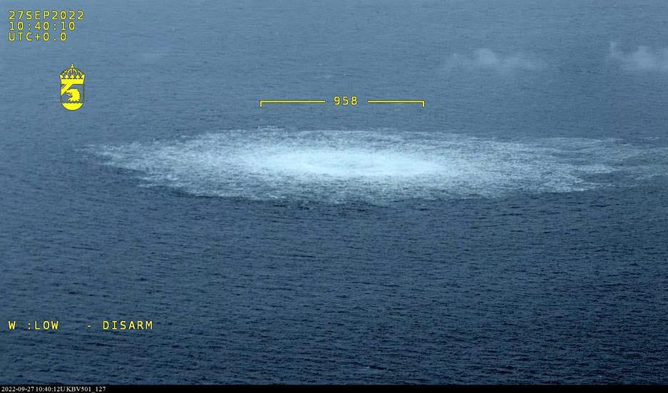 Gasläckan i Östersjön från Nord Stream fotograferad från Kustbevakningens flygplan 27 september. Foto: Kustbevakningen/TT