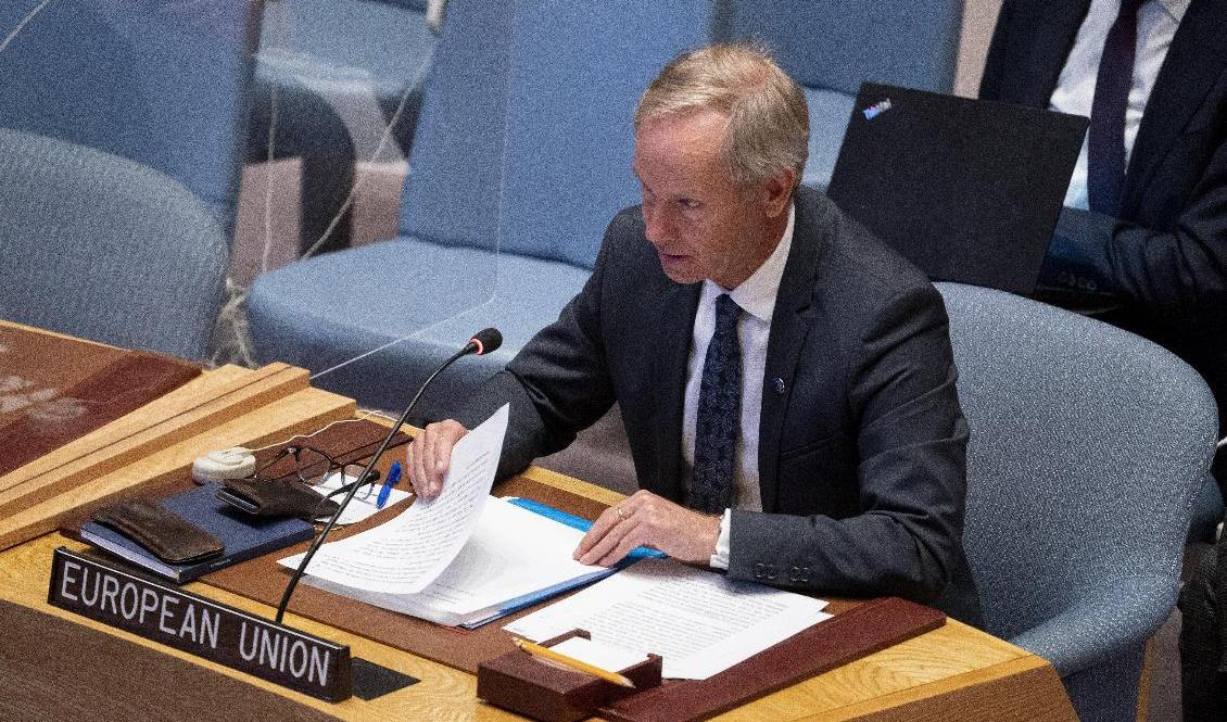 Svenske Olof Skoog, EU:s FN-ambassadör, säger att ett misslyckat agerande av FN:s generalförsamling skulle ge andra länder "carte blanche" att göra likadant som Ryssland. Arkivbild. Foto: John Minchillo/AP/TT