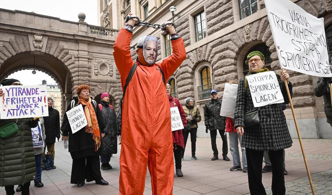Demonstranter utanför riksdagen protesterar mot grundlagsändringar om utlandsspioneri som debatteras i riksdagen under onsdagen. Foto: Fredrik Sandberg/TT