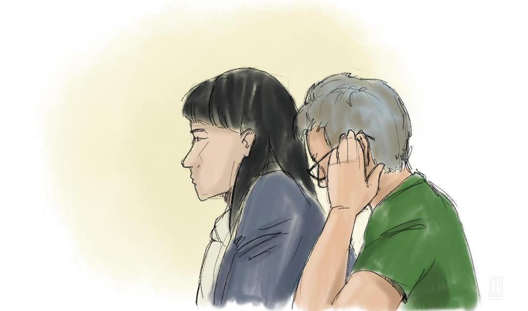 Teckning av den misstänkte mannen och hans advokat Ulrika Borg från häktningsförhandlingen. Foto: Anders Humlebo/TT