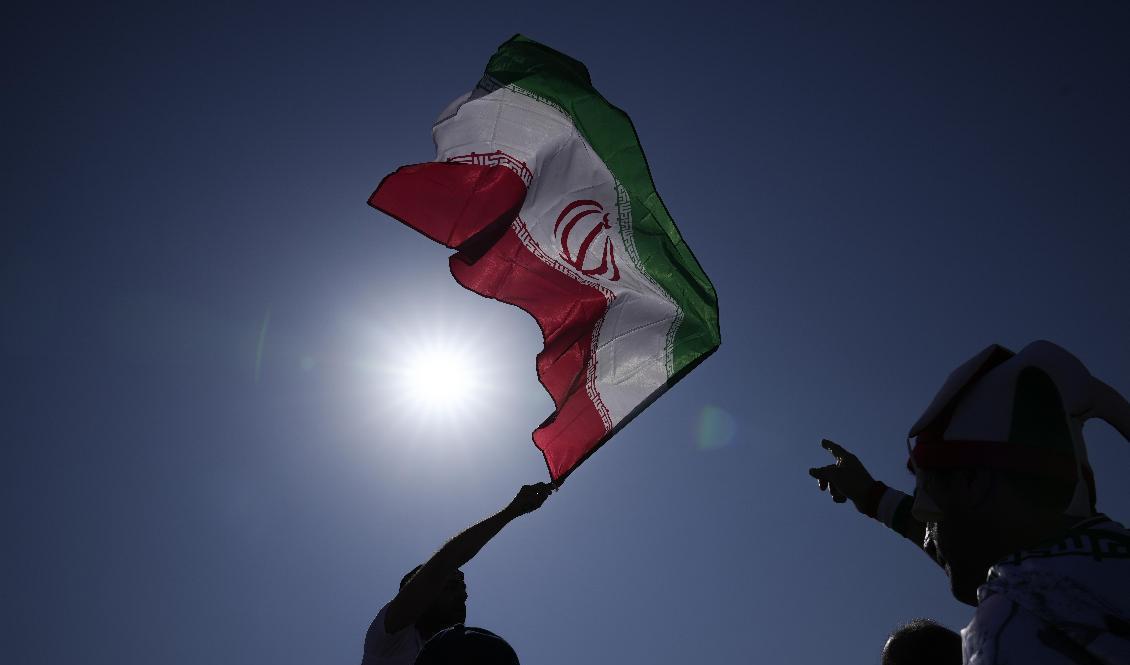 En supporter med Irans officiella flagga i samband med VM-matchen mot Wales i fredags. Foto: Jin-Man Lee/AP/TT