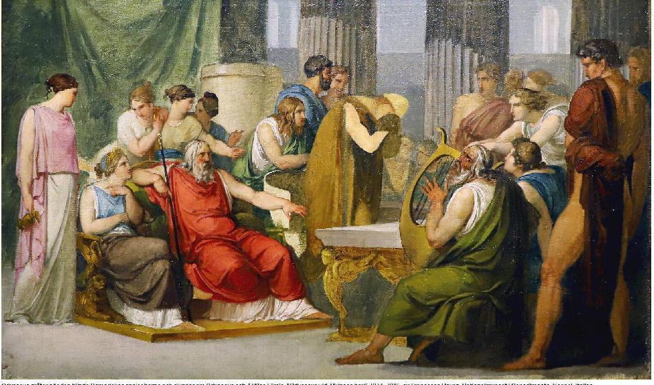 


Odysseus gråter när den blinde Demodokos spelar spelar harpa och sjunger om Odysseus och Akilles i Troja. ”Odysseus vid Alkinoos hov”, 1814–1815, av Francesco Hayez. Nationalmuseet i Capodimonte, Neapel, Italien. Foto: Public Domain                                                                                                                                    