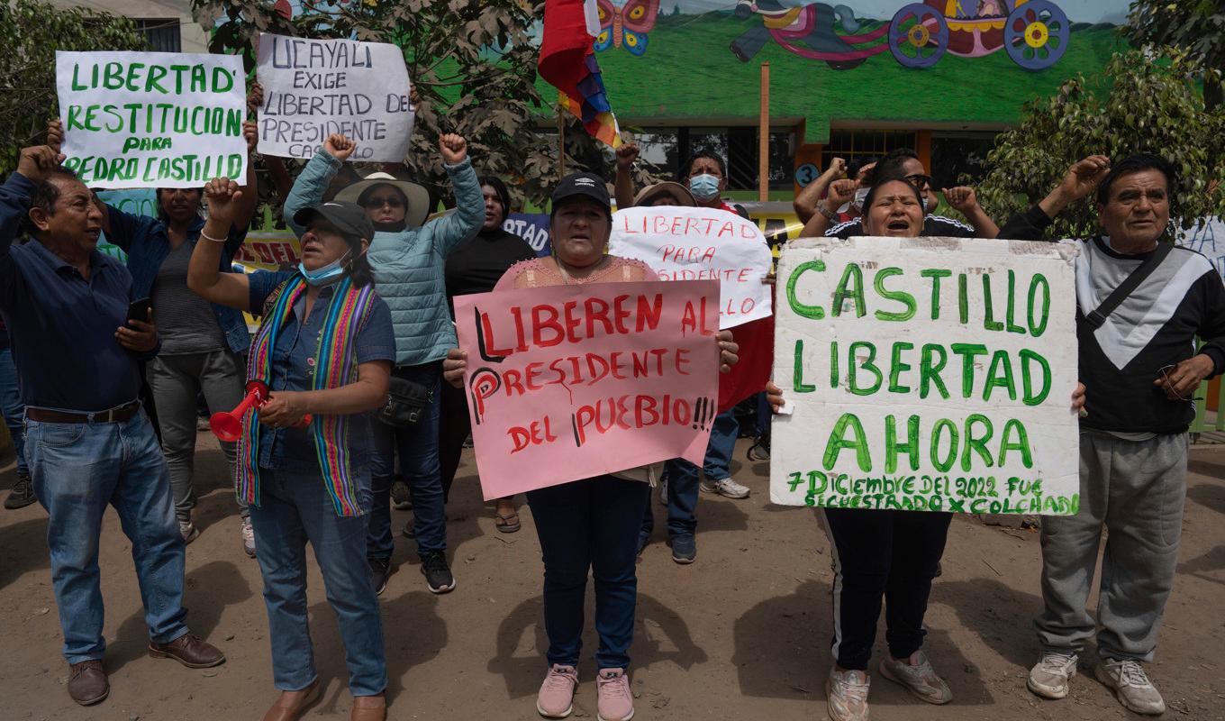 Demonstranter i huvudstaden Lima. De kräver att den avsatte presidenten släpps fri och att hans efterföljare avsätts. Bilden är tagen i tisdags. Foto: Guadalupe Pardo/AP/TT